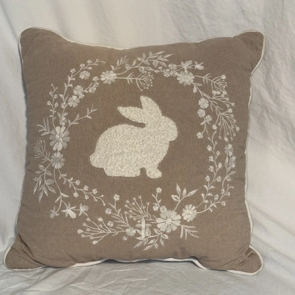 Kirkton House Easter Pillow Beige White Embroidered‎ Bunny & Cross Throw